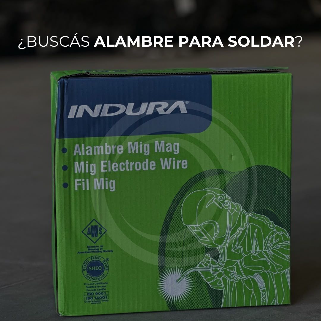 Caja de alambre para soldar MIG de la marca Indura con el texto "¿Buscás alambre para soldar?".