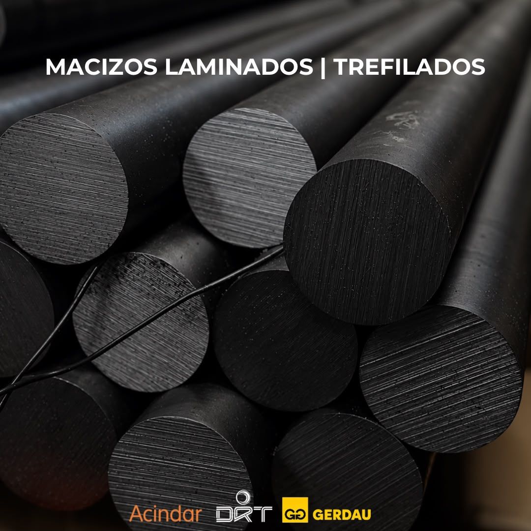 Barras macizas redondas negras apiladas vistas de frente con el texto "Macizos laminados / trefilados".