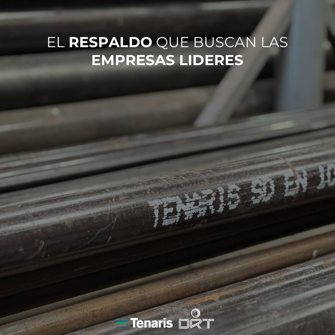 Tubos con la marca Tenaris pintada en el cuerpo y el texto "El respaldo que buscan las empresas líderes".