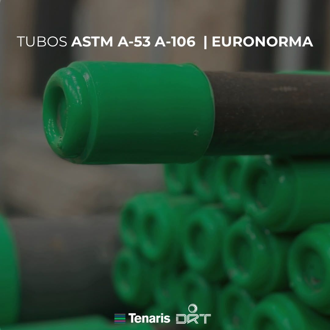 Tubo con tapa verde en primer plano y el texto "Tubos ASTM A-53 A-106 / Euronorma".