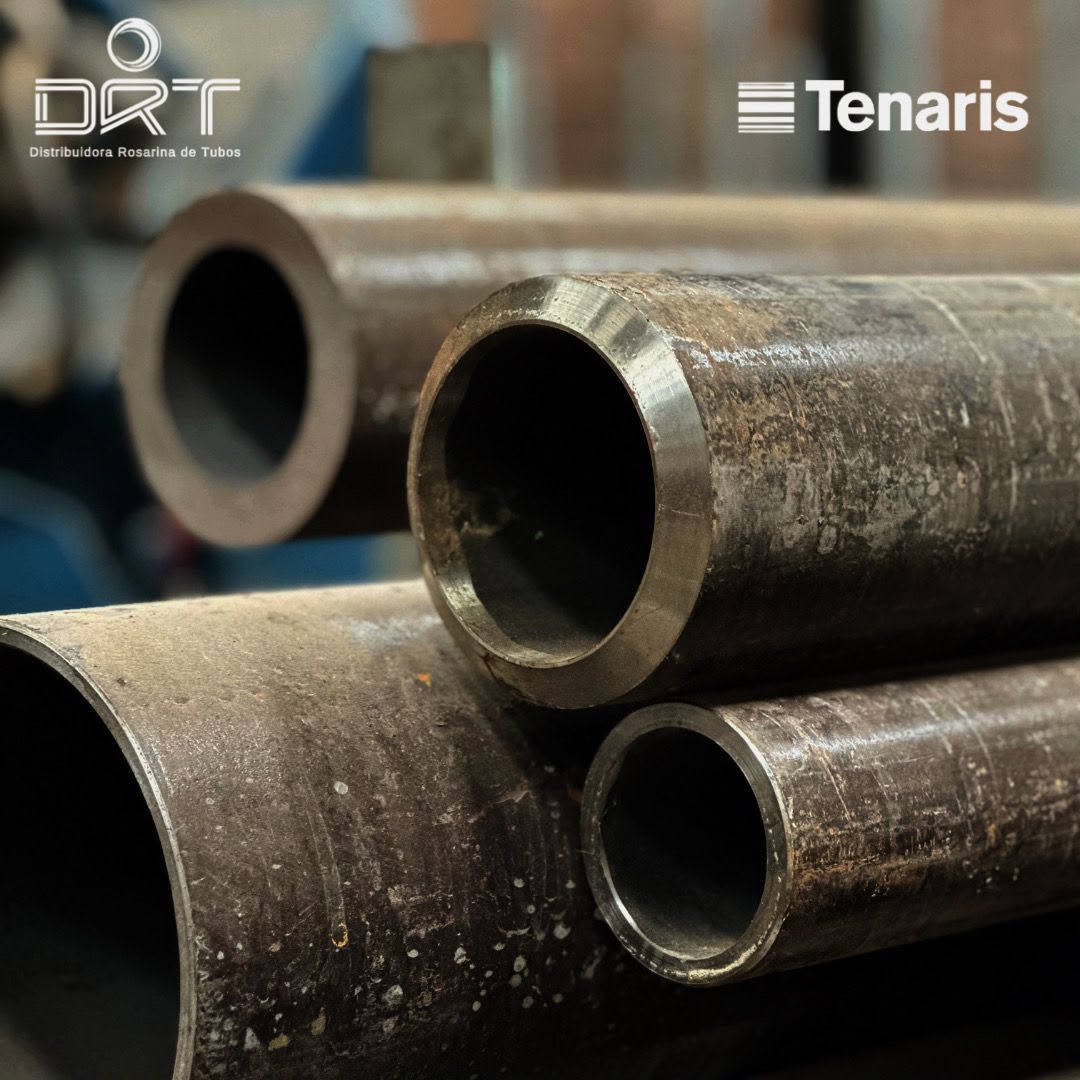Tubos de acero de pared gruesa en primer plano con logos DRT y Tenaris arriba.